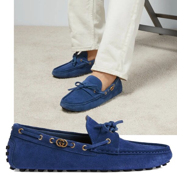 GUCCI SHOES MENS DRIVER BLUE SUEDE LEATHER INTERLOCKING G LOGO sz 10.5 11 US - Picture 1 of 16
